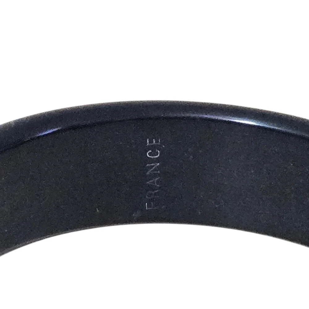 Carved Painted Flowers Black Bakelite Bangle Bracelet France signed Vtg Art Deco
